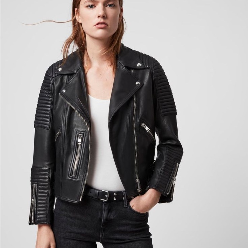 All Saints Estella Black Leather Moto Biker Jacket - Size 0